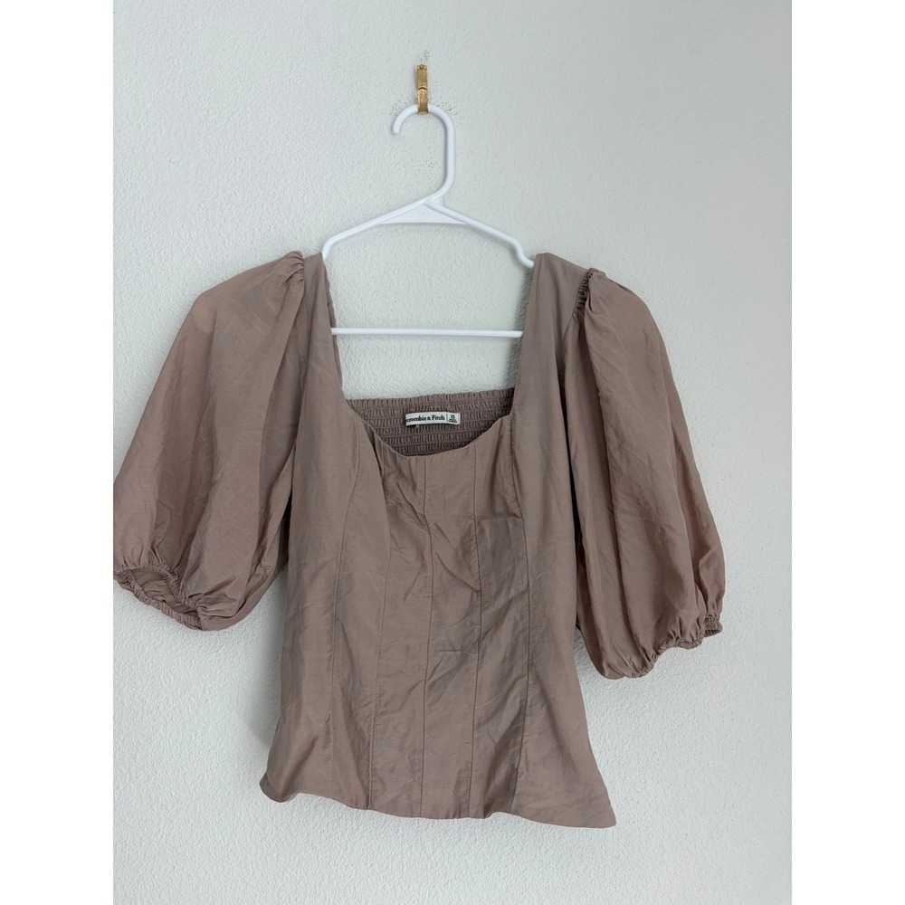 Abercrombie & Fitch Puff Sleeve Square Neck Smocked Back Blouse‎ Taupe Mauve XS